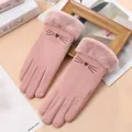 Gants tactiles roses d'hiver pour femmes avec poignets en peluche et broderie chat - Taille unique / Cœur-Rose (Double Épais)