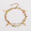 Detail of gold double-layer chain with colorful beads and four cross charms - Gold