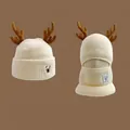 Cute beige reindeer antler knitted hat and scarf set for winter warmth and comfort - 4481-Dual Use Antler Style / Beige