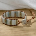 Bohemian imperial stone wrap bracelet with blue beads and tree of life button - Blue and Brown Mottled Stone/Tree of Life Carved Button