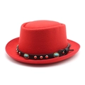 Close-up of red felt fedora featuring black leather band with rivets and blue stones - M (56-58cm) / Red