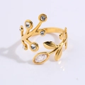 Golden titanium steel open ring with leaf design and clear zircon stone accents - White Garland Style (JZ26-11)