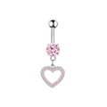 Silver belly button ring with pink round stone and hollow heart pendant with zircons - Dangle Heart Belly Ring