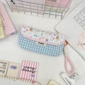 Korean ins style blue plaid and floral teddy bear pencil case with pink pompom trim - Snowflake Bear