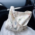 Sac fourre-tout en coton beige avec des motifs de branches fleuries colorées - Style d'Épaule Sous le Bras
