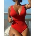 Sexy ribbed deep V-neck one-piece swimsuit in red with open back and high cut slimming design - S / Red
