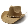 Sombrero de vaquero de paja tejida con banda decorativa de conchas y cuentas de madera - M(56-58cm) / Caqui