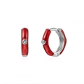 Detailed view of silver C-shape hoop earrings with red enamel and white zircon stone - 24K / Silver Red Enamel (JQH0020-SS-9)