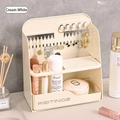 Cream white PET cosmetic organizer with jewelry hooks and lipstick slots, 22.5cm height - Cream White
