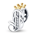 Silver letter P bead charm with golden crown and sparkling cubic zirconia stones - Letter J