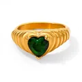 French vintage style gold pleated ring with a heart-shaped emerald green zircon stone - US 10 / Gold Green(KBJ302)