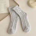 Grey coral fleece socks with white bow ribbon and ruffled cuffs for winter warmth - One Size / Gray