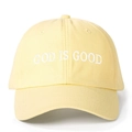 Pale yellow baseball cap with white GOD IS GOOD embroidery on a 6-panel cotton fabric - One Size / Goose Yellow