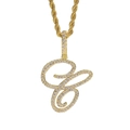 Macro view of iced out cursive C pendant with cubic zirconia on a gold rope chain - Letter C / Gold (Pendant Only)