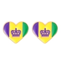 Mardi Gras heart stud earrings with purple crown and green gold enamel design - Striped Heart With Crown Emblem Style / Striped Heart Crown (03 kc Gold Heart DZ-741)
