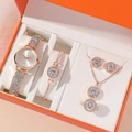 Elegant 5-piece rose gold watch and jewelry set with sparkling rhinestones in a gift box - Rose Gold (Watch/Necklace/Bracelet/Ring) [Gift Box]