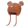 Brown knit winter hat for babies with cute bear ears and protective ear flaps - One Size / Caramel color
