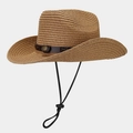 Brown woven western cowboy straw hat with vintage metal emblem and adjustable chin strap - Khaki