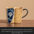 Hand-painted square ceramic daisy cup with flint red glaze and dark handle finish - Blue & White Flint Red Hand-painted Gold Daisy - Single Cup (Simple Pack)
