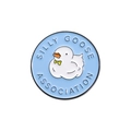 Round blue enamel pin with cartoon goose and Silly Goose Association text in white - Blue Round Cartoon Goose (QHXZ2246)