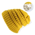 Yellow chunky knit beanie with smooth satin lining for winter warmth and hair protection - Ginger Yellow