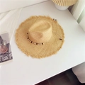 Straw sun hat with shell beads and frayed edges in natural beige for beach vacation - Fedora Top Straw Hat