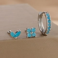 Macro detail of S925 silver jewelry set featuring turquoise floral studs and hoop - Silver-Turquoise (3 Pcs Set)