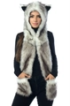 Three-in-one faux fur hooded scarf with gloves in grey and white animal style - Shed-Free White with Black Tip Fox Fur