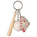 Miniature baseball keychain set with wooden bat, white leather ball, and glove pendant - White