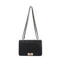 Bolso bandolera negro con costuras chevron y correa de cadena dorada elegante - Negro