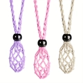 Detail of handmade woven net pouches for crystals in purple, pink and beige cord - Necklace / Pink