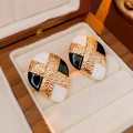 Vintage geometric diamond-shaped earrings with black and white enamel in gold finish - No.1 Silver Pin White Waterdrop Style