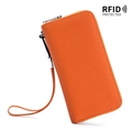 Orange genuine leather long wallet with RFID protection and litchi grain texture - Orange