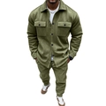 Detailed close-up of men's olive green suede tracksuit featuring jacket and matching pants - Army Green
