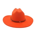 Orange felt cowboy hat with wide brim and brown leather strap with silver stars - One Size / Orange