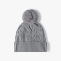 Medium grey cable knit winter beanie with a fluffy pom-pom and ribbed cuff - One Size / Blue-Grey