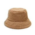 Brown sherpa fleece bucket hat with thick warm texture and minimalist round top design - One Size / Khaki