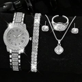 Silver luxury quartz watch set with rhinestones and matching jewelry in five pieces - Watch, Chain Bracelet, Necklace, Ring And Earrings Set / Silver
