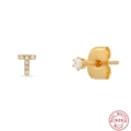 Detailed view of S925 sterling silver gold-plated letter T earring with zircon stones - Letter T / Gold