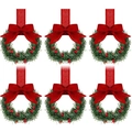 Set of 6 mini Christmas wreaths with pine needles, red berries and festive bows - Red Ribbon / Set of 6
