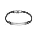 Detail of black braided leather bracelet with engravable stainless steel plate - KZ14-Leather-Silver