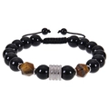 Gevlochten 10mm armband met zwarte agaat, tijgeroog en zilverkleurige metalen kralen - 10mm / Gefacetteerd Tijgeroog + Obsidiaan
