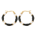 Detail of bohemian bamboo-style hoop earrings with black and white enamel finish - Black With White Stone