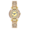 Luxury gold women's quartz watch with full crystal inlay and blue hands on sunburst dial - Gold