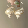 French style flower pearl earrings with spiral conch shell pendants and silver hoops - 35# 925 Sterling Silver Earring Post - Silver Hoop Natural Sea Snail Shell Style