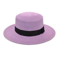 Lavender straw boater hat with black ribbon bow and fine weave on white background - M (56-58cm) / Taro Purple