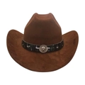 Brown faux suede western cowboy hat with a decorative silver lion head emblem - One Size / Coffee (Lion Head)