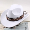 White western cowboy hat featuring silver bull head ornament and studded leather strap - One Size 57-58cm / White Bull Head with Three-Row Studs / White