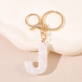 Détail du porte-clés lettre J en résine avec paillettes et anneau en métal doré - Lettre J