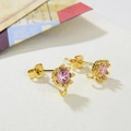Gold-plated crown stud earrings with pink zircon and small ring for DIY charms - Gold Color Pink Zirconia